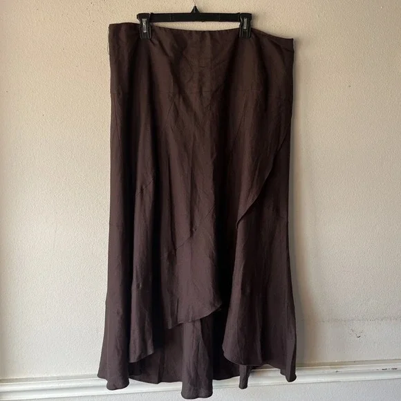NY Collection Woman Linen Blend Asymmetrical Flowy Lagenlook Brown Skirt 1X - Picture 1 of 11